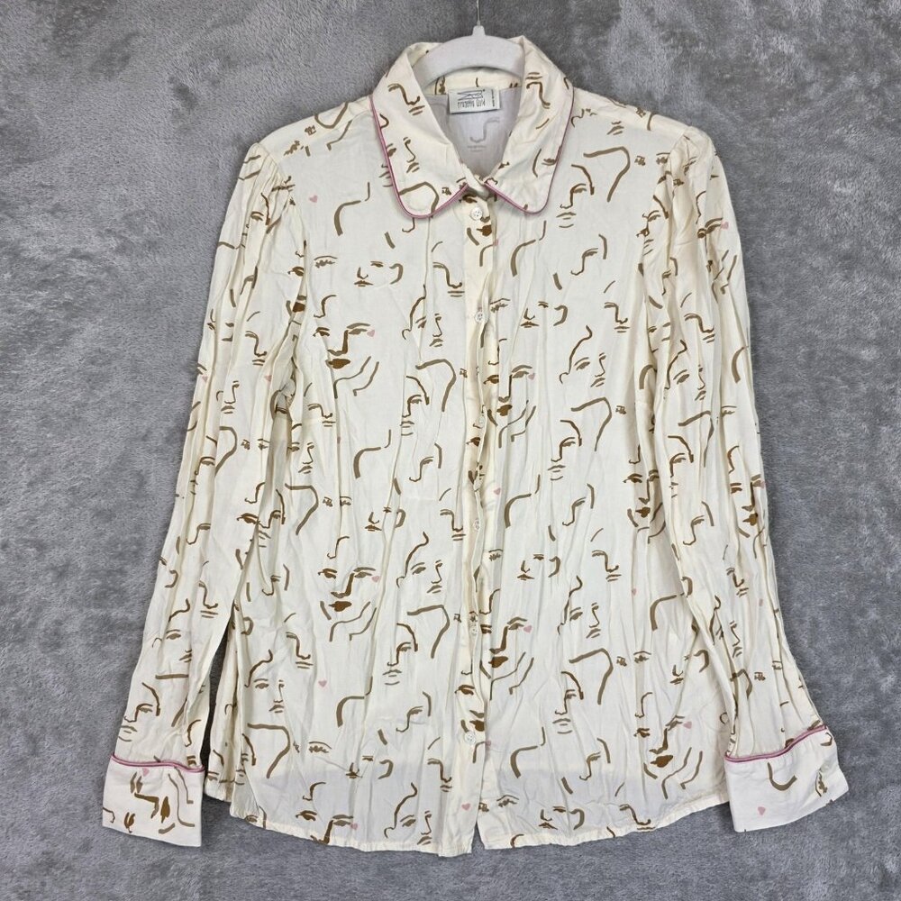 Progetto Quid Shirt Womens 40 Small Cream Face Print Button Up Long Sleeve Italy